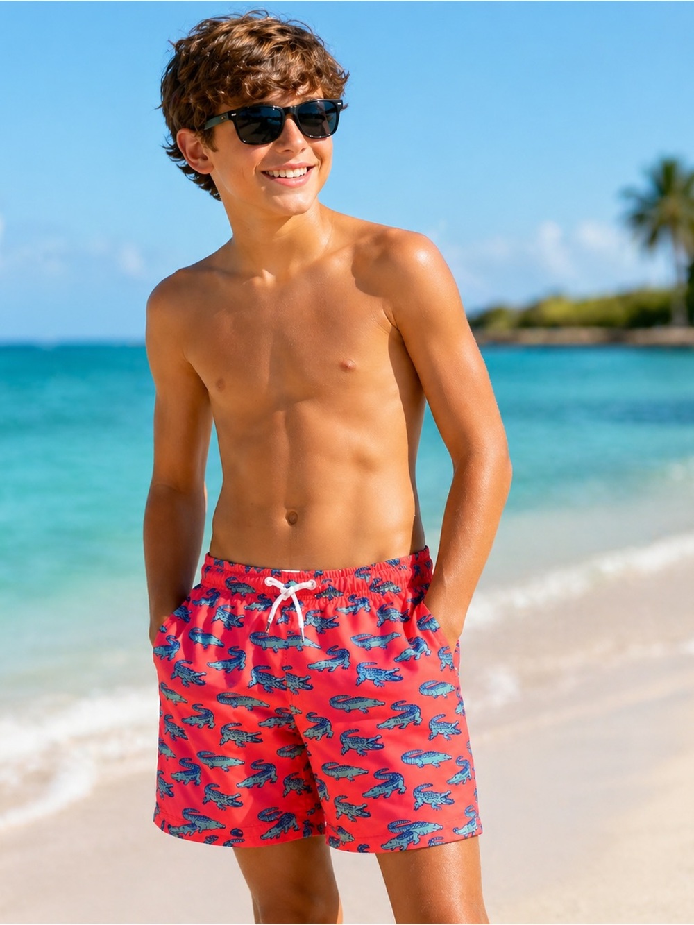 Bermies Boys Swim Trunks Alligator Print Youth 14 Coral Shorts